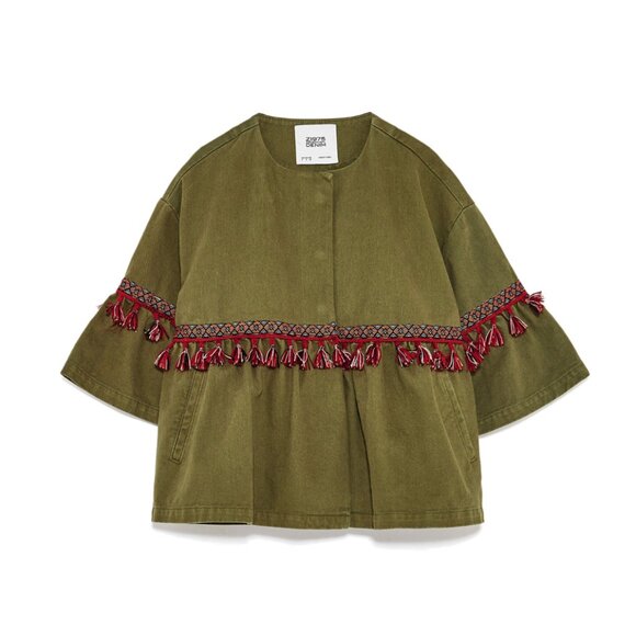 Zara Jackets & Blazers - Zara Basic Denim Fringe Jacket Womens Small Army Green Orange Snap Button Boho